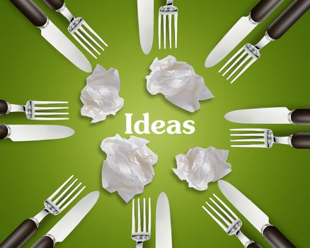 set of knives and forks on green background with Crumpled papers