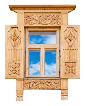 Wooden decorated window isolated on white, Russian traditional architecture.