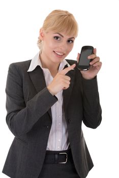 Young woman demonstrates a phone with touch screen isolated on white background