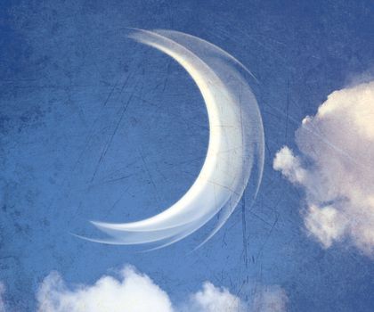 A fantasy cloudscape a crescent moon between clouds.
