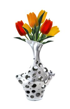 stylish and modern Silver Vase with tulips isolated on white.