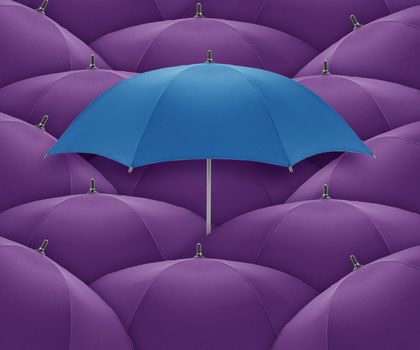 Blue umbrella Stand out of a crowd, individuality and unique