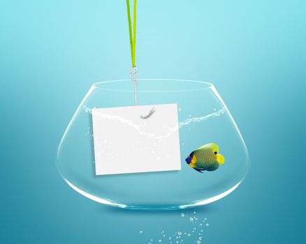 Anglefish in fish bowl with fishhook and note paper.