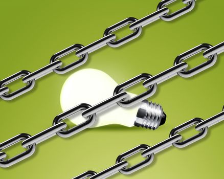 Metal chain parts and light bulb on white background.