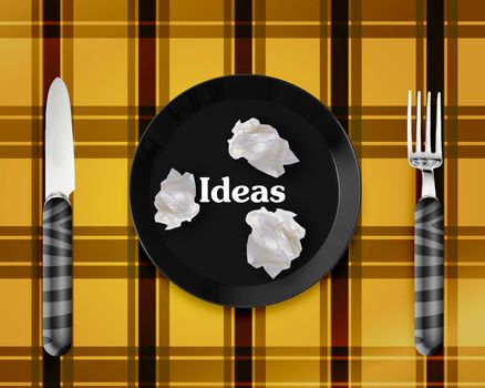 Empty Plate with Crumpled papers, knife and fork.