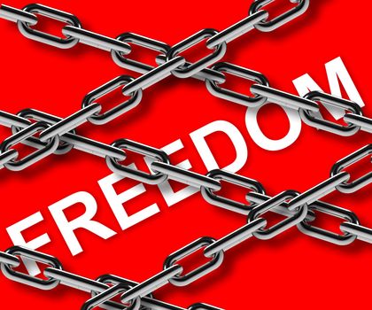 Metal chain parts over freedom word on red background.
