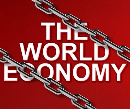 Metal chain over "the world economy", financial crisis conceptual image.