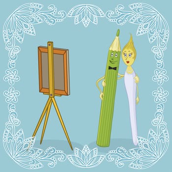 Cartoon family: man pencil, woman brush and easel. Border of white outline symbolic flowers