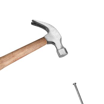 Hammer hitting a nail on white background.