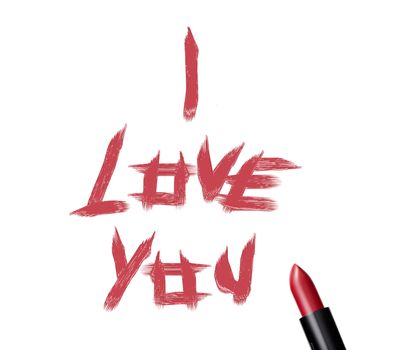 close up of a lipstick and inscription "I love you" on white background.