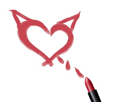 close up of a lipstick with heart and evil shape on white background.