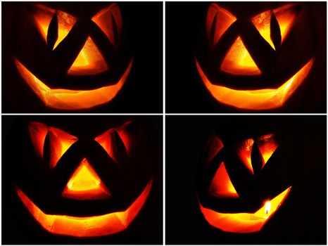 Symbol of Halloween holiday: a pumpkin O Lantern with a candle burning on black background, set