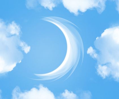 A fantasy cloudscape a crescent moon between clouds.