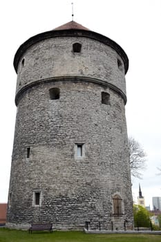 Tower fortification in Tallin, Estonia. Bench, green grass.