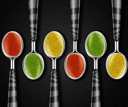 Collection of green, yellow and red spices on spoons onblack background