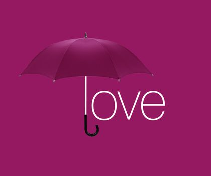 Umbrella inscription " love " on pink background.