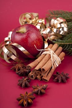 christmas decoration aromatic red apple, cinnamon, anise and tree on red background