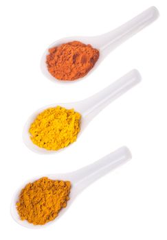 spices in the spoons on a white background