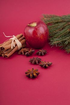 christmas decoration aromatic red apple, cinnamon, anise and tree on red background