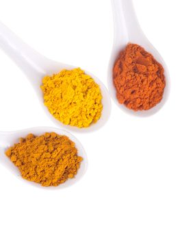 spices in the spoons on a white background