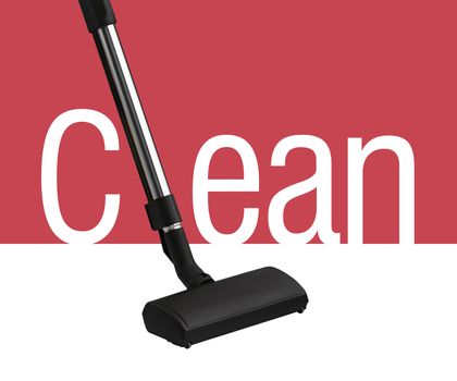 Vacuum cleaner on white and red background as a part of clean word