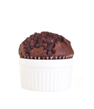 Chocolate muffin isolated on white background.