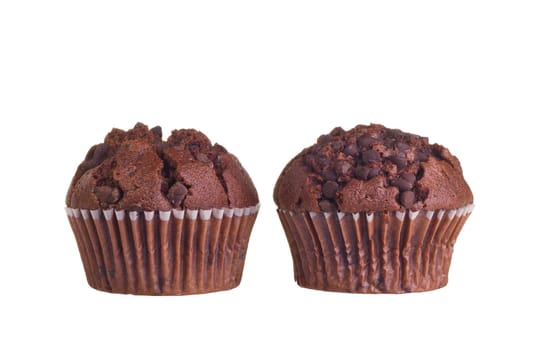 Chocolate muffin isolated on white background.