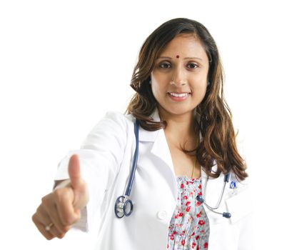 30s mid adult Asian Indian female doctor thumb up on white background