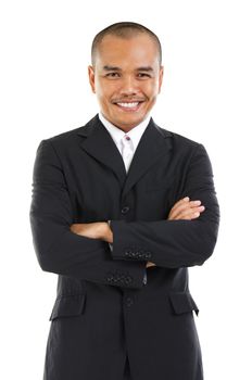 Confident Southeast Asian businessman crossed arms over white background
