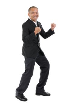 Excited Southeast Asian business man, fullbody over white background