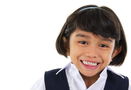 Head shot portrait of Southeast Asian primary school student over white background