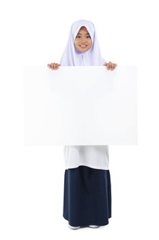 Fullbody Southeast Asian teen holding a blank card board over white background