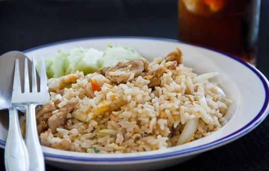 Pork fried rice on white plate