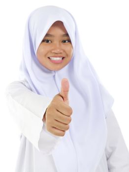 Thumb up Southeast Asian Muslim teen over white background