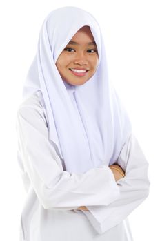 Portrait of a Southeast Asian Muslim teen crossed arms over white background