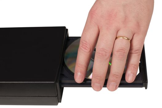 Hand placing a CD in a drive tray (1/3)