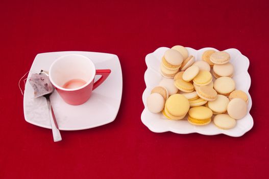 Empty Cup of tea and plate of mixed macaroons on a velvet tablecloth
