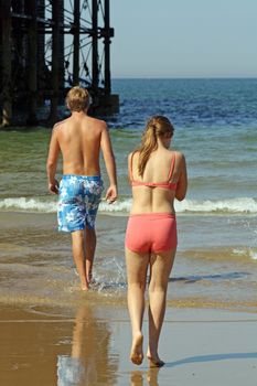 teenager in the sea at cromer england