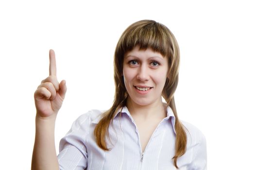 girl shows the index finger on a white background