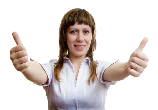 young girl with two thumbs up on a white background
