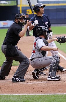 SCRANTON, PA - JULY 9: Scranton Wilkes Barre Yankees batter Jorge Vasquez reacts to called strike during a game against the Rochester Red Wings at PNC Field on July 9, 2011 in Scranton, PA.