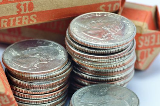 Macro closeup of a stack of quarters.