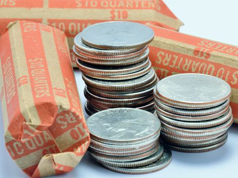 Macro closeup of a stack of quarters.