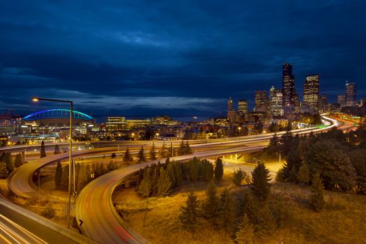 Seattle Washington City Skyline and Freeway Light Trails at Blue Hour