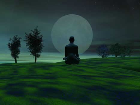 Man meditating upon grass hills next to trees and in front of the moon by green night