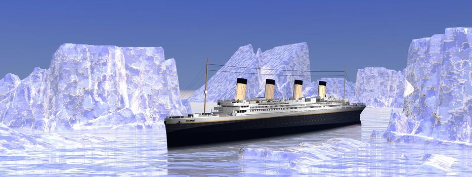 Titanic boat among big icebergs in cold northern ocean water