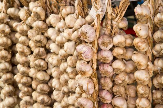 Organic garlics hanging in a market place 
