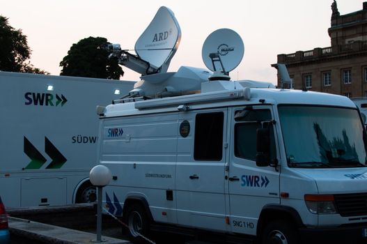 STUTTGART, GERMANY - JULY 25: SWR, the Southwest German Radio&TV Corporation is recording and broadcasting the premiere of Mozart´s opera “Don Giovanni” on TV and on a large screen for the public viewing in front of the Opera building in Stuttgart, Germany on July 25, 2012.