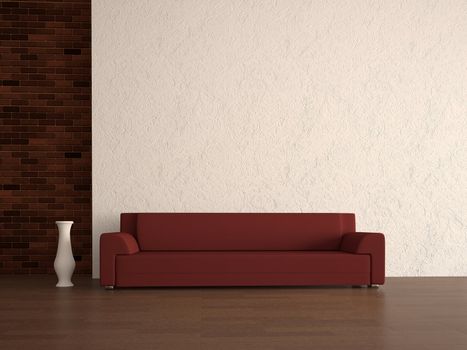 Red sofa and vase near a wall