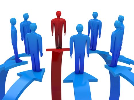 Many persons stand on a colored arrows
